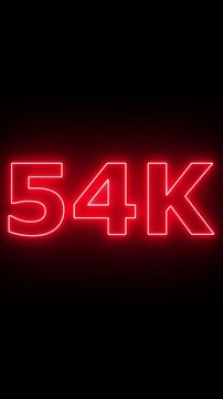 Glowing neon 54K light text animation. Shining neon number motion graphic for 54K followers and subscribers celebration.Social media milestone achievement neon effect video on black background. 4k