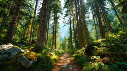 Obraz premium Lush Green Forest Pathway Surrounded by Tall Evergreen Trees