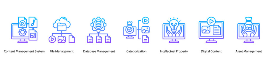 Smart File System web banner vector illustration featuring Content Management System, File Management, Database Management, Categorization, Intellectual Property, Digital Content, and Asset.