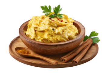 Aji de Gallina creamy Peru poached chicken coated in a spicy and creamy nut-based sauce, herbs, and walnuts served in wooden bowl isolated on white background, concept of South American Cuisine