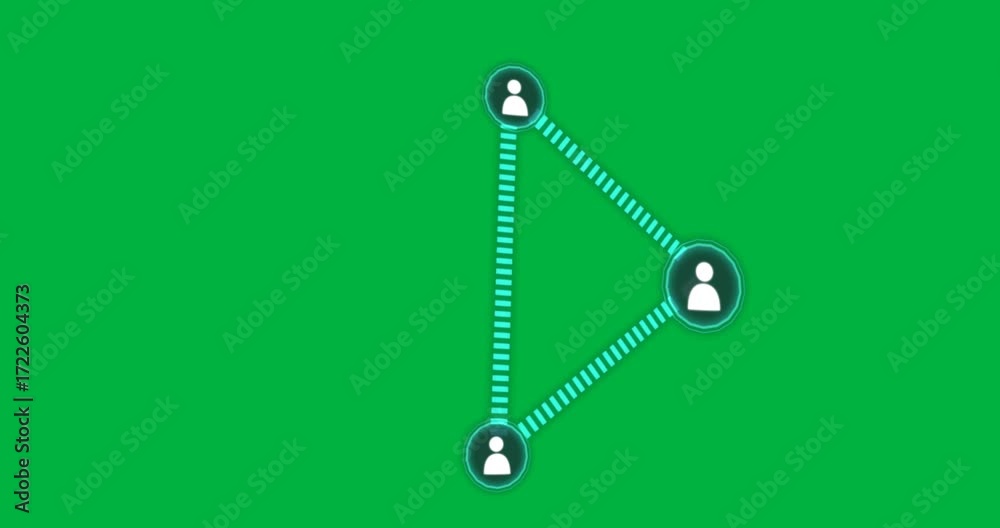 Wall mural three teal user nodes forming network being animated with hexagon borders on transparent background