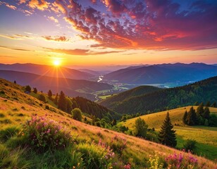 Majestic Mountain Valley at Sunset with Vibrant Sky and Lush Green Hillsides Blooming Flowers and Sunburst in Cinematic Ultra Detailed Hdr Photography