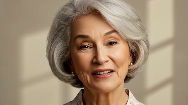 Elegant older woman smiling warmly, showcasing graceful aging and positivity.