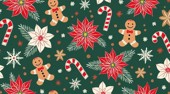 Christmas pattern with gingerbread man, poinsettia, candy cane and pine branch on green background