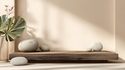 Minimalist display background featuring a wooden podium, zen stones, and a palm leaf casting soft shadows on a beige wall