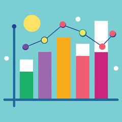 Colorful bar graph and line chart with data points and a sun symbol representing financial growth and analysis