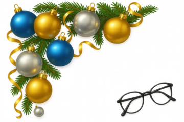 Christmas tree branch decorating ornaments, golden ribbon, and eyeglasses, transparent background