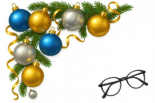 Christmas tree branch decorating ornaments, golden ribbon, and eyeglasses, transparent background