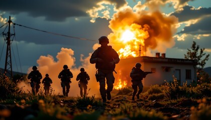 Obraz premium A military operation underway during what appears to be either dawn or dusk, given the soft light in the sky