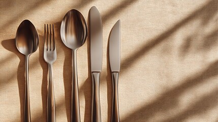 Flat lay stainless steel cutlery set on beige background with soft natural shadow and wide negative space, perfect for food styling, tableware design, and restaurant branding concepts.