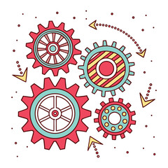 Abstract illustration of interconnected gears and arrows symbolizing a dynamic process mechanical system or teamwork in a colorful hand drawn style