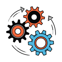 Three interlocking gears in a circular motion with arrows indicating a continuous process or system working together harmoniously