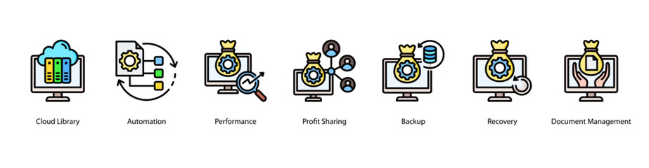 Cloud Efficiency web banner vector illustration featuring Cloud Library, Automation, Performance, Profit Sharing, Backup, Recovery, and Document Management.