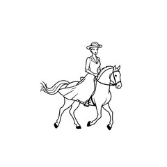 Black and white line art of a beautiful woman with perfect body riding horse elegant minimalist illustration