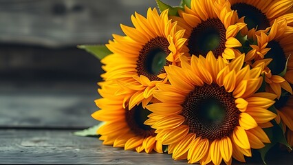 Obraz premium Rustic close-up of sunflower arrangement on a wooden surface with warm natural light. 