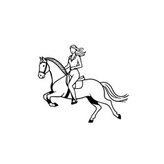 Black and white line art of a beautiful woman with perfect body riding horse elegant minimalist illustration