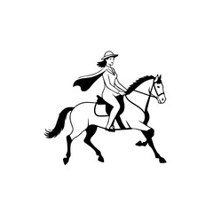 Black and white line art of a beautiful woman with perfect body riding horse elegant minimalist illustration