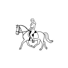 Black and white line art of a beautiful woman with perfect body riding horse elegant minimalist illustration