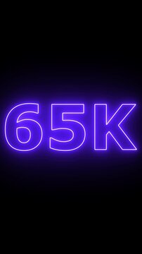 Glowing neon 65K light text animation. Shining neon number motion graphic for 65K followers and subscribers celebration.Social media milestone achievement neon effect video on black background. 4k