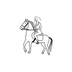 Black and white line art of a beautiful woman with perfect body riding horse elegant minimalist illustration