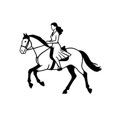 Black and white line art of a beautiful woman with perfect body riding horse elegant minimalist illustration