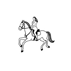 Black and white line art of a beautiful woman with perfect body riding horse elegant minimalist illustration