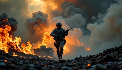 A soldier in combat gear amidst a dramatic battlefield scenario with large explosions and flames around him.