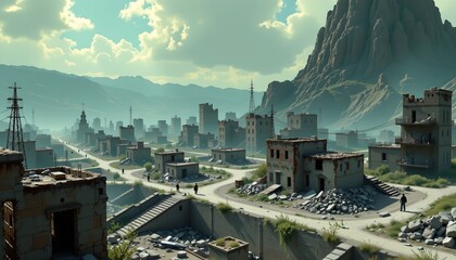 Obraz premium A vast, open world environment within a desert canyon. Numerous abandoned buildings are scattered across the landscape, suggesting an urban area in disrepair
