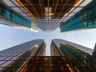 Looking Up At Modern Glass Skyscrapers Reflecting the Sky