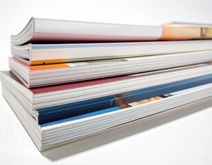 Stacked magazines show colorful page edges. Publications' sides are crisp, aligned on bright surface, angled view captures their depth
