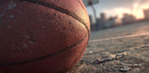 Close-Up of Basketball on Outdoor Court at Sunset: Sport, Recreation, Competition