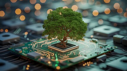 Lush Green Tree Emerging from a Glowing Circuit Board