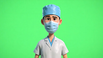 3D Cartoon Doctor in Surgical Mask & Cap on Green Screen for Healthcare Concepts