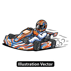 Illustration of a Person Driving a Go-Kart with a Distinctive Orange and Blue Design on a White Background