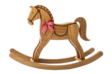 Wooden rocking horse with red striped bow, decorative bridle details, classic nursery toy design, isolated on transparent background