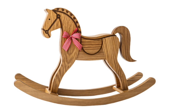Wooden rocking horse with red striped bow, decorative bridle details, classic nursery toy design, isolated on transparent background