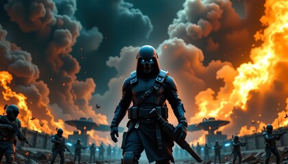 An intense battle scene in a science fiction setting. There's a soldier in a black suit standing as the central figure amidst a chaotic firefight involving other soldiers