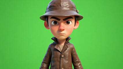 Determined 3D animated boy character in safari hat and brown coat, serious expression, isolated on green screen background
