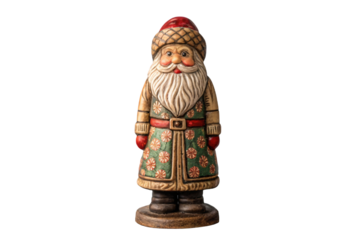 Decorative Santa Claus figurine with floral patterns, traditional Christmas ornament, folk art style decoration, isolated on transparent background
