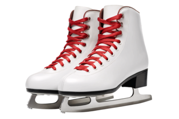 White figure skates with red laces, ice skating boots, winter sports footwear, classic design, isolated on transparent background