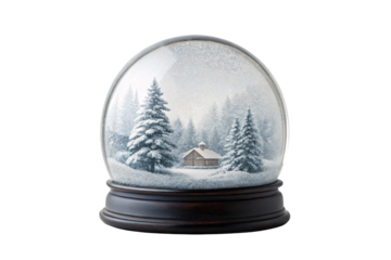 Winter snow globe containing miniature cabin scene with evergreen trees and falling snow on dark base, isolated on a transparent background