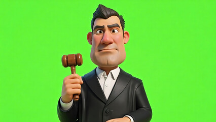 3D cartoon man in suit holding a gavel on a green screen background, symbolizing law, justice, authority, or auction.