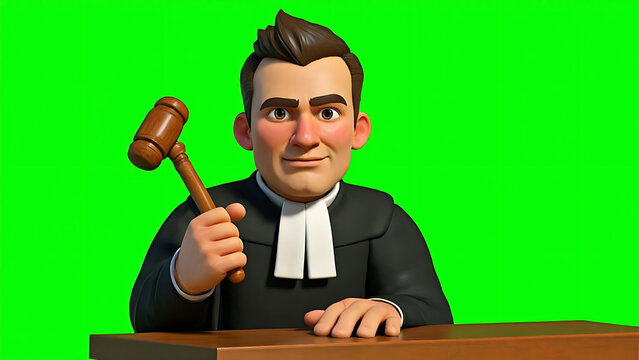 3D cartoon judge character with gavel at podium on green screen. Courtroom justice concept, legal verdict animation.