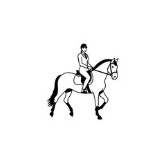 Black and white line art of a beautiful woman with perfect body riding horse elegant minimalist illustration