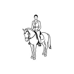 Black and white line art of a beautiful woman with perfect body riding horse elegant minimalist illustration