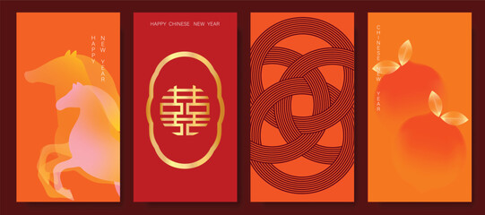 Chinese New Year 2026 hongbao red and orange envelope design vector. Collection of Chinese festival with horse, orange, line. Elegant oriental illustration for ang pao, cover, website, calendar, ads.