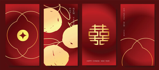 Chinese New Year 2026 hongbao red envelope design vector. Collection of Chinese festival with coin, orange. Elegant oriental illustration for ang pao, cover, website, calendar, ads.