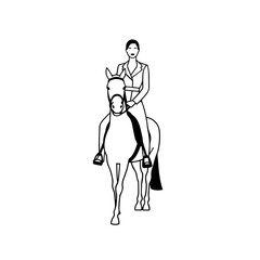 Black and white line art of a beautiful woman with perfect body riding horse elegant minimalist illustration