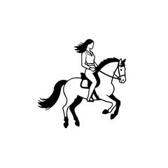 Black and white line art of a beautiful woman with perfect body riding horse elegant minimalist illustration
