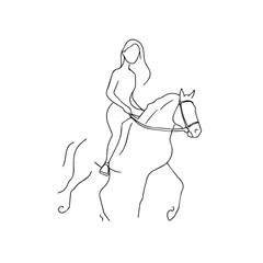 Black and white line art of a beautiful woman with perfect body riding horse elegant minimalist illustration
